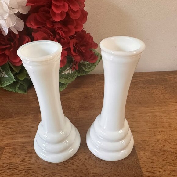 Pair of Randall Milk Glass Vases Ringed Base Midcentury Modern White Decor - Picture 4 of 7